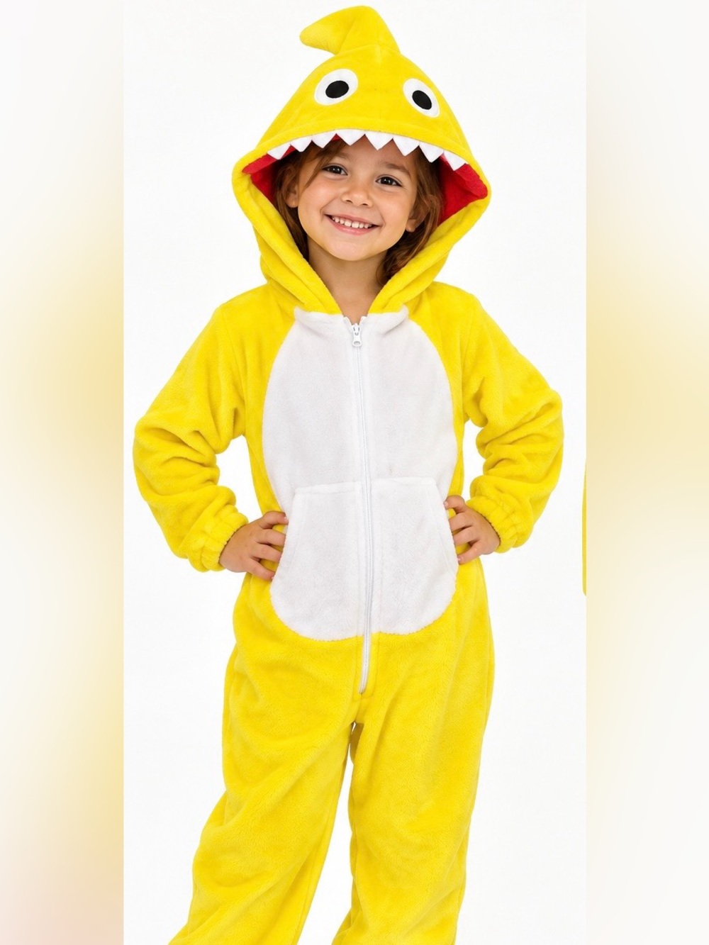 Kids Shark One-Piece Hooded Pyjama/Costume | Size Medium 4–6Y | Yellow & White